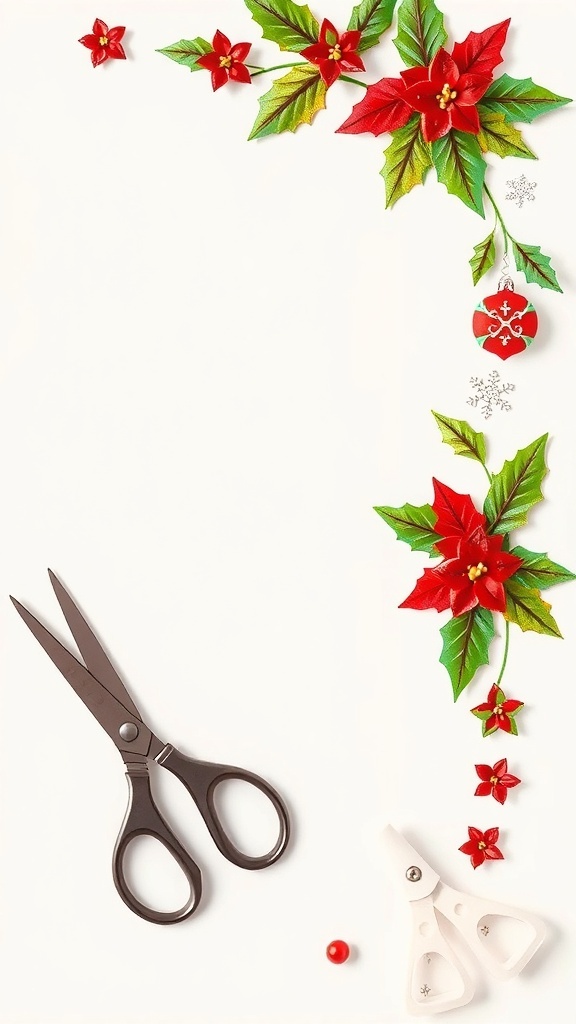 A festive Christmas background border with holly, snowflakes, and ornaments on a white background.